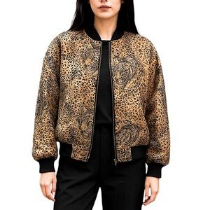 Vintage Marguerite Li 100% Silk Leopard Print Women's Bomber Jacket Size Large
